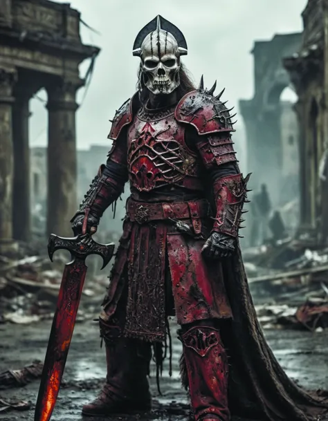 a man in a red armor holding a sword in a ruined area