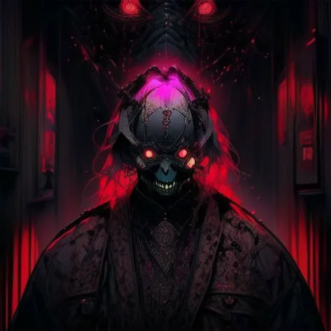 a man in a mask with red lights standing in a dark room