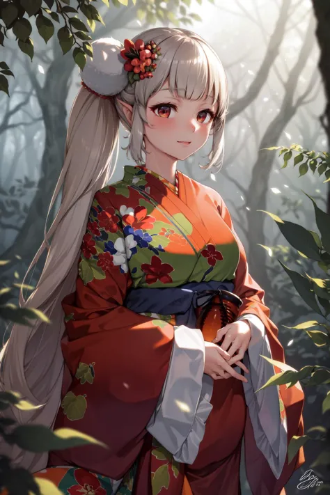 a woman in a kimono outfit is standing in the woods