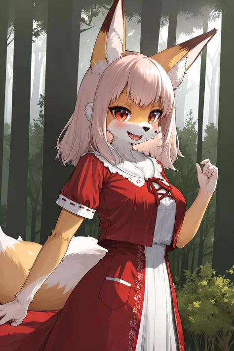 anime girl with a fox tail and a red dress