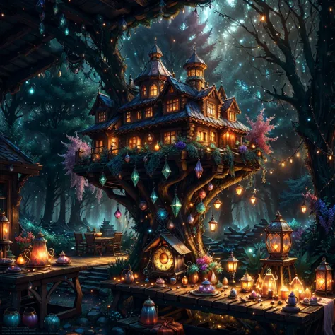 a tree house with many lights and lanterns in the woods