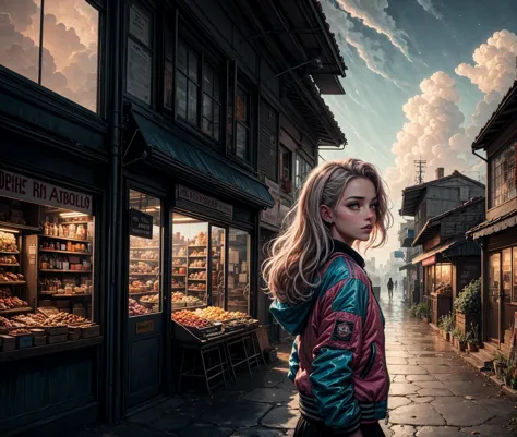 <lora:Elixir:0.4618802153517007>, <lora:more_details:0.4618802153517007>, facing away, bazaars, portrait of  1 beautiful young woman, atmospheric atmosphere, illustration of jupiter clouds by dan mumford, thick outlines, best quality, <lora:GemstoneAI-000010:0.5253887449625595> GemstoneAI, road, blends seamlessly with the surrounding environment, surrealism, (8k, ((female))), capturing every detail of this serene and immersive landscape, field, upper body, bloom, knotted roots, (retro bomber jacket 80s)