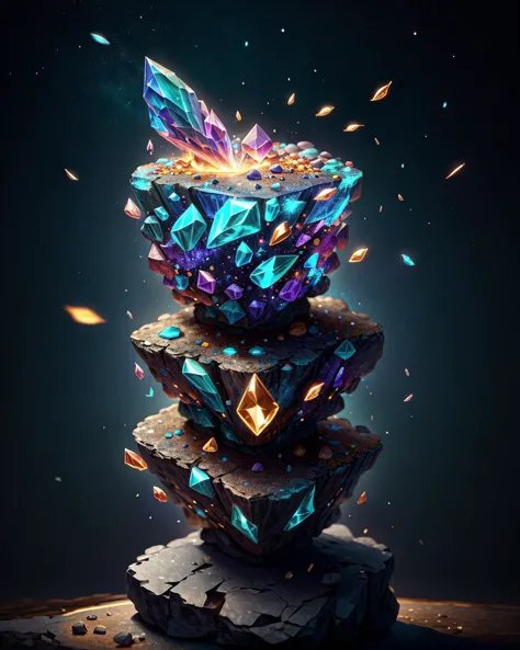 a pile of crystals on a rock with a dark background