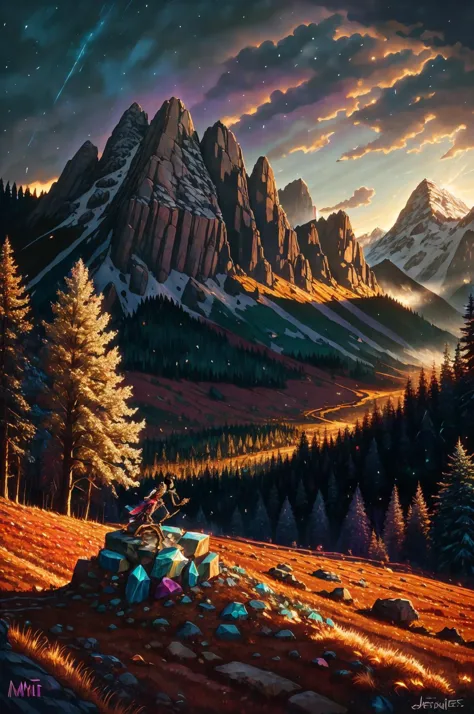 painting of a mountain scene with a campfire and a mountain range