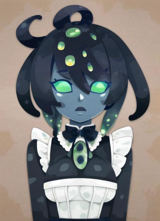 ((best quality)), ((highly detailed)), masterpiece, extremely detailed face, beautiful face, (detailed eyes, deep eyes), (1girl), upper body, , ((shoggoth)), maid, body horror, tentacles, extra eyes, glowing eyes, Kelp green colored eyes, (colored skin), (dark purple colored skin), lovecraftian, solid eyes, colored sclerae, 