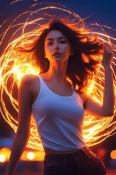 Hermoso (ohwx mujer),Hacer una danza épica con una bola de fuego, Arte de Ilya Kuvshinov y Lois van Baarle Ross Tran Tendencia en Deviantart Pinterest Aspectos fotorrealistas hiperdetallados & Sombra HD 8K Post-procesamiento Alta resolución Fotografía galardonada Retrato Iluminación Iluminación cinematográfica Composición en claroscuro 85mm F1.Lente 4 DG OS R en el estilo Alphonse Mucho Le