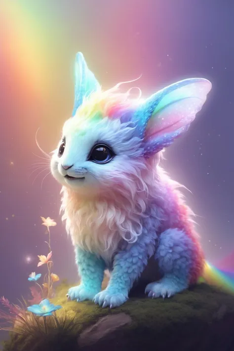 cute little fantasy creature, light and soft colors, rainbowcore, surreal,