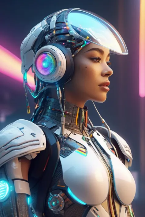 General photography of beautiful cyborg women, rainbow hat, huge breakthrough (beautiful and detailed arms) hug, remove white fl...