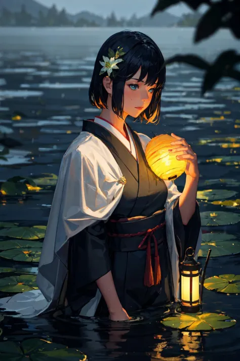 guweiz style, 1girl, solo, japanese clothes, upper body, lily pad, river, glowing lantern,water, lily \(flower\),  night sky, bl...