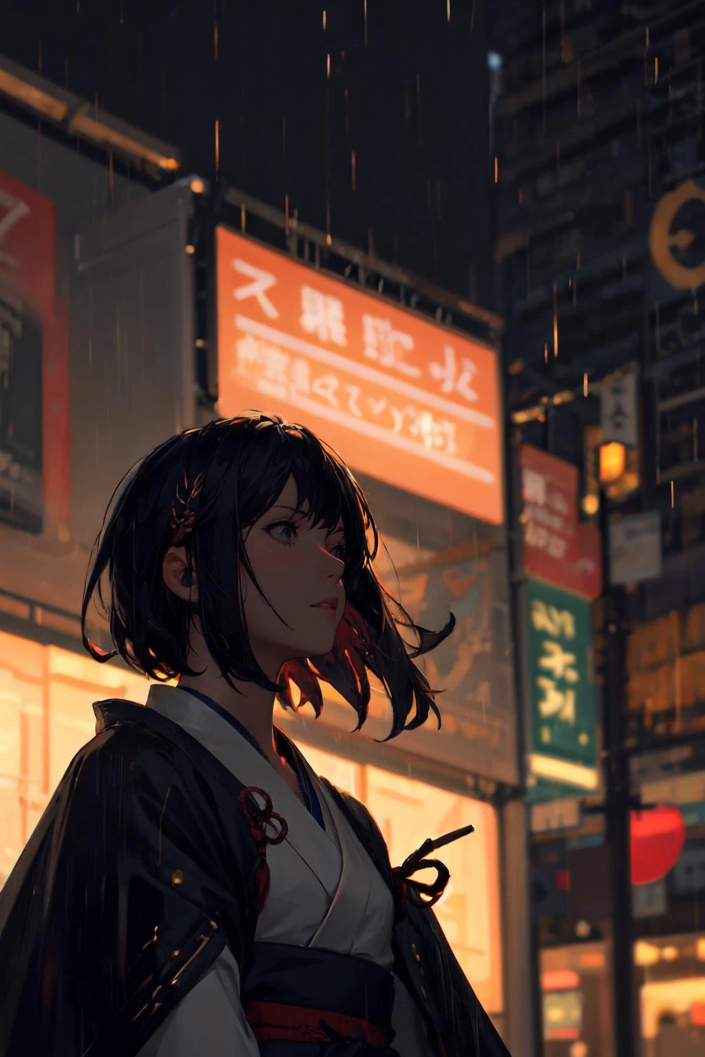 guweiz style, 1girl, solo, samurai, upper body, cityscape, night sky, blurry background, depth of field, bokeh, cinema lighting, dark theme, raining, film grain, rtx