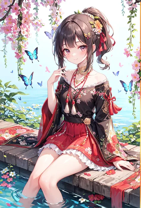 (masterpiece,best quality,absurdres:1.1),
1girl,beautiful detailed girl,fine and beautiful detailed skin,(tassel hair ornament:1.3),solo,blunt bangs,blunt tresses,ponytail,hair bow,hair ribbon,red ribbon,long hair,smile,legs up,sitting in tree,flower neckl...