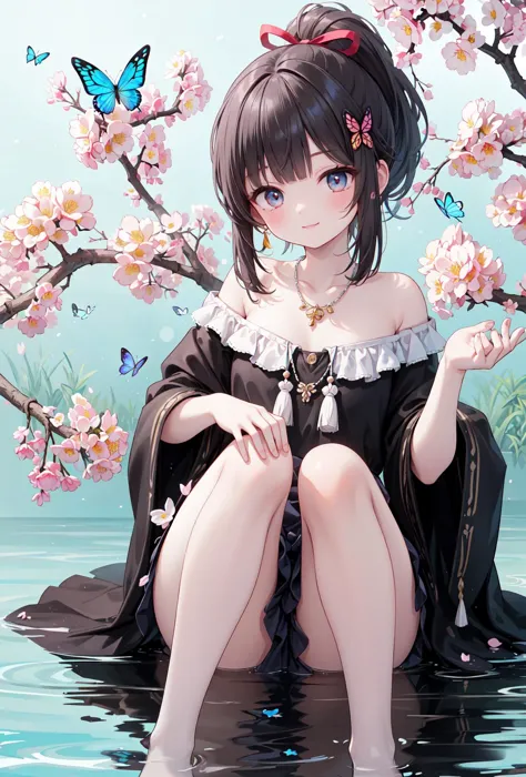 (masterpiece,best quality,absurdres:1.1),
1girl,beautiful detailed girl,fine and beautiful detailed skin,(tassel hair ornament:1.3),solo,blunt bangs,blunt tresses,ponytail,hair bow,hair ribbon,red ribbon,long hair,smile,legs up,sitting in tree,flower neckl...
