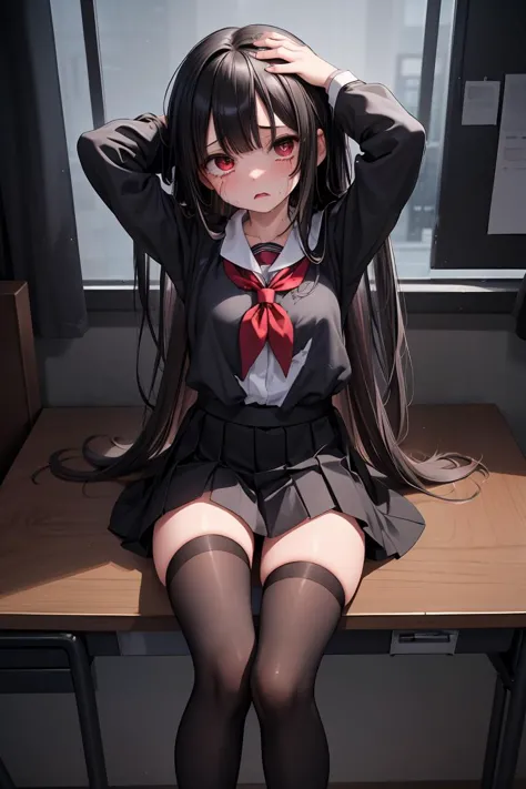 (masterpiece, best quality), 1girl, solo,sitting on a desk, beautiful face, long hair, torn clothes, torn legwear, dark school u...