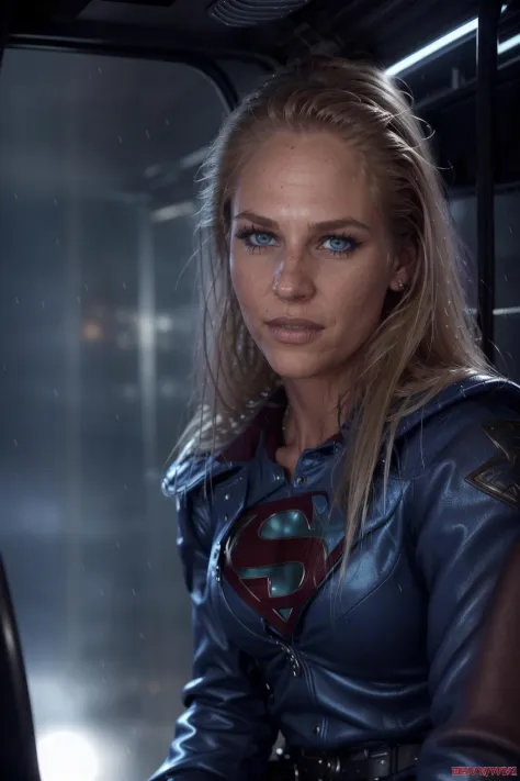 official art, unity 8k wallpaper, ultra detailed, beautiful and aesthetic, (best quality:1.1), (masterpiece:1.1), (detailed:1.1),  vibrant, highly detailed, Dystopian style 4K close-up medium shot at dawn, 1girl supergirl  sitting in a bus; the image was taken inside a crowded bus, illuminated blue eyes; there is heavy rain, lit skyscrapers, and lightning in the background. . Bleak, post-apocalyptic, somber, dramatic, highly detailed . Bleak, post-apocalyptic, somber, dramatic, highly detailed. , blonde hair, blue eyes, CassandraWildeQuiron woman , Cassandra Wilde,