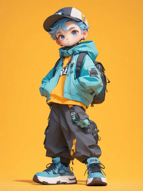 a boy in a blue jacket and black pants with a backpack