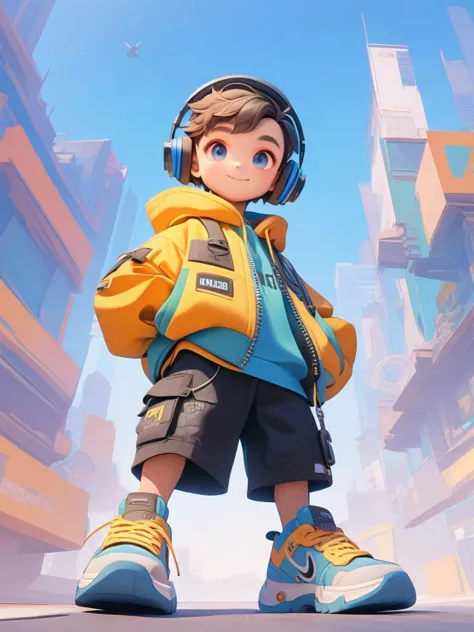 a boy in a yellow jacket and black shorts stands in front of a city