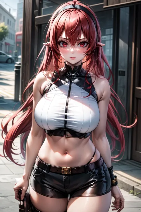 best quality, masterpiece, 1girl, (solo:1.1), raytracing, ultra detailed,detailed face, 8k wallpaper, wide hips, ErisgreyratNDV, 1girl, red hair, red eyes, large breasts, very long hair, ahoge, cowboy shot, hair between eyes, bare shoulders, black hairband, sleeveless shirt, brown jacket, fur collar, open clothes, leather shorts, high boots, belt, fingerless gloves, brown thighhighs, standing, outdoor 