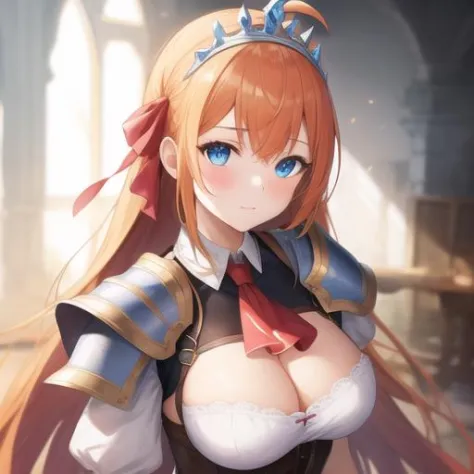 (masterpiece, best quality:1.2),illustration,8k,hd,1girl,solo,upper body,(portrait:1.2),long hair,tiara,ahoge,orange hair,gloves,breasts,blue eyes,shoulder armor,armor,looking at viewer,white gloves,boots,cleavage,short sleeves,closed mouth,skirt,ribbon,bl...