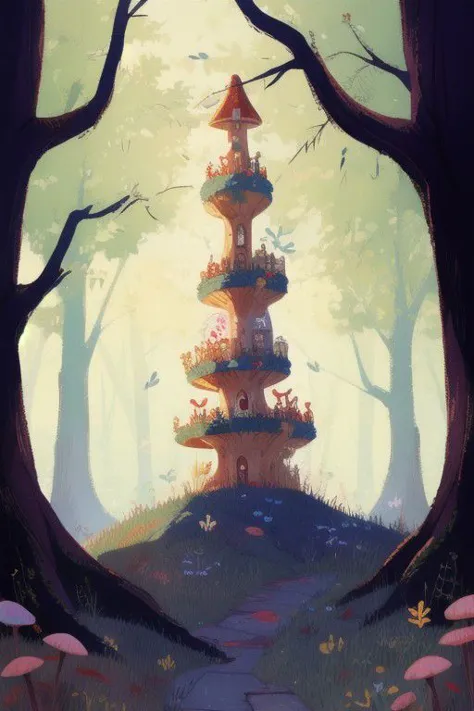 Alice in Wonderland theme, the mushroom tower, falling down, in the woods, no humans