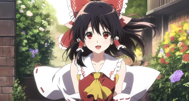 <lora:kyoto animation_artstyle_LoCon:1.1>, hakurei reimu,  ((anime screencap)), kyoto animation screencap, 1girl, hair ribbons, black hair, very long hair, red eyes, bird, flower, fluff, solo, blunt ends, hair blowing, at the middle, smile, open mouth, arms behind back