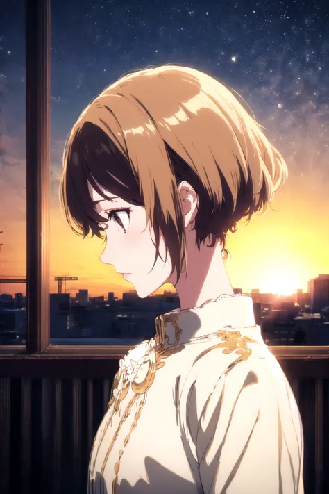 masterpiece, best quality,  <lyco:kyoani_loha-000001:0.7>, kyoto style, bobcut, medium hair, messy hair, short bobcut, 1girl, jacket, white shirt, starlight shine, day, sunrise,