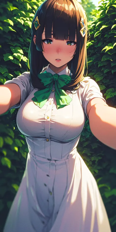 masterpiece, best quality, mature female, huge breasts, lazy eyes, parted lips,  ( hair ornament, bowtie,   blunt bangs:1.5), (white nightgown:1.3), backlighting, upper teeth, vegetation, (highres:1.5), (detailed body:1.3) <lyco:kyoani_loha-e2:1.0>