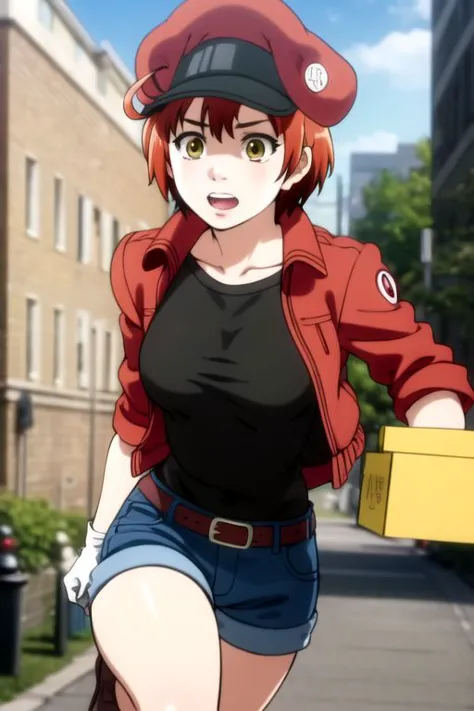 <lora:red blood cell ae3803 s1-lora-nochekaiser:1>, red blood cell ae3803, short hair, hair between eyes, (yellow eyes), ahoge, red hair, shirt, gloves, hat, jacket, belt, pants, white gloves, black shirt, denim, denim shorts, mini short, red headwear, red jacket, jeans, cabbie hat,
BREAK dynamic pose, action pose, (unaligned breasts, bouncing breasts, motion lines, motion blur), running, (((holding package, holding box, carring a box, carring a package))), 
BREAK alley, dark alley, buldings,
BREAK looking at viewer, (cowboy shot),
BREAK  front view, dynamic angle, dutch angle,
BREAK (masterpiece, best quality, ultra detailed), (perfect face, detailed face, detailed eyes,perfect hands,perfect fingers), 8k wallpaper, Beautiful Finger, Beautiful body, Beautiful character design, perfect face, perfect balance, official art, extremely detailed CG unity 8k wallpaper, ultra high res,4K,ultra-detailed, photography, 8K, HDR, highres, absurdres:1.2, Kodak portra 400, bokeh, lens flare, professional photograph, (vibrant_color:1.2),(beautiful_face:1.2), notably long eyelashes