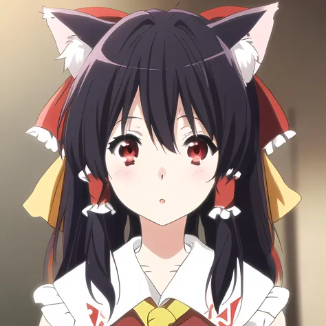 <lora:kyoto animation_artstyle_LoCon:1.1>, hakurei reimu,  ((anime screencap)), kyoto animation screencap, 1girl, hair ribbons, black hair, very long hair, red eyes, bird, flower, fluff, solo, blunt ends, cat ears