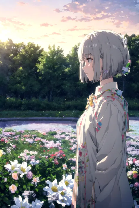 anime girl standing in a field of flowers with a lake in the background