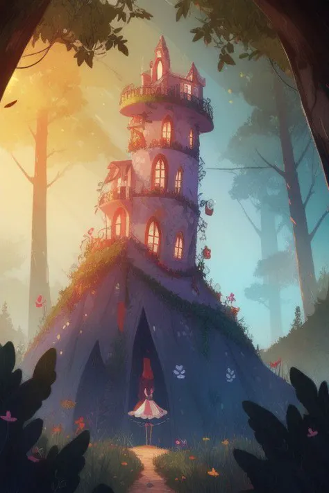 a girl stands in front of a castle in the woods