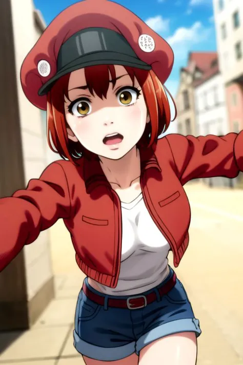 anime girl in red jacket and blue shorts with red hat