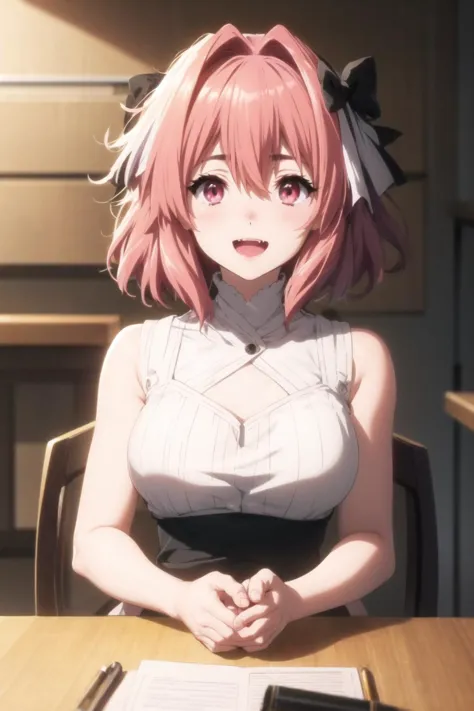 1girl, astolfo \(fate\), pink hair, large breasts, long hair, <lora:kyoto animation_artstyle_LoCon:1.1>, anime screencap, Kyoto Animation screencap, upper body, smile, open mouth, fang