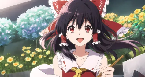 <lora:kyoto animation_artstyle_LoCon:1.1>, hakurei reimu,  ((anime screencap)), kyoto animation screencap, 1girl, hair ribbons, black hair, very long hair, red eyes, bird, flower, fluff, solo, blunt ends, hair blowing, at the middle, smile, open mouth,