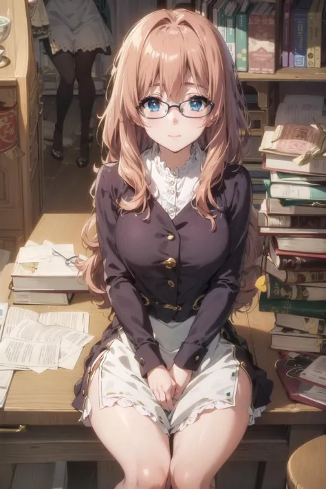 anime girl sitting on a desk with a lot of books