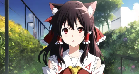 <lora:kyoto animation_artstyle_LoCon:1.1>, hakurei reimu,  ((anime screencap)), kyoto animation screencap, 1girl, hair ribbons, black hair, very long hair, red eyes, bird, flower, fluff, solo, blunt ends, cat ears