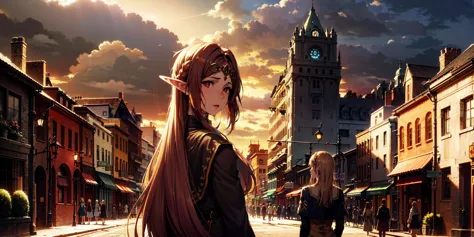 1girls, ass, blonde hair, blue eyes, bodysuit, breasts, building, city, elf, fire, long hair, looking back, multiple girls, pointy ears, princess zelda, rain, skyscraper, wet