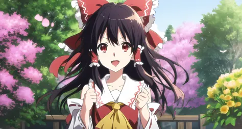 <lora:kyoto animation_artstyle_LoCon:1.1>, hakurei reimu,  ((anime screencap)), kyoto animation screencap, 1girl, hair ribbons, black hair, very long hair, red eyes, bird, flower, fluff, solo, blunt ends, hair blowing, at the middle, smile, open mouth,