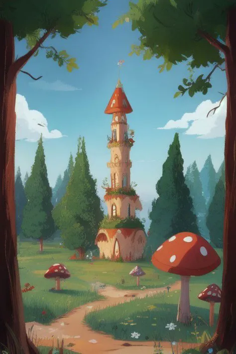 Alice in Wonderland theme, the mushroom tower, falling down, in the woods, no humans
