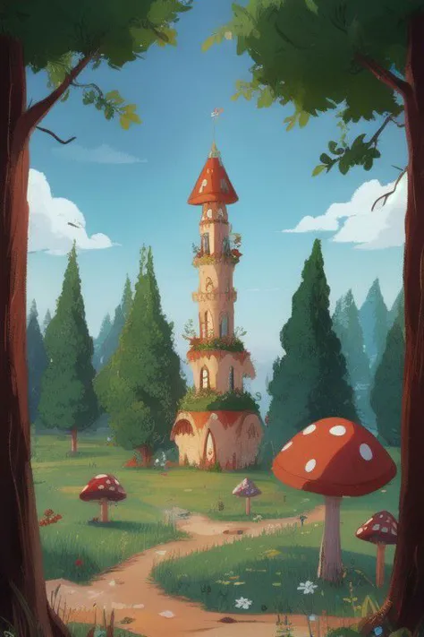 a painting of a small tower in the middle of a forest