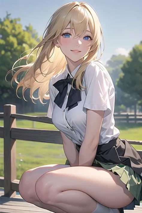 (masterpiece, best quality), intricate details, thin, ((slim)), beautiful girl, white skin, blond hair,sky blue eyes, <lora:covering_breasts_v0.1:1>, Violet Evergarden, messy hair, lips, shy,smile,1woman,Shots from the knees up,
outdoor,European Streets,Strong wind from the side,
Long green skirt,pleated skirt, Light green skirt,white blouse,Plain white blouse,