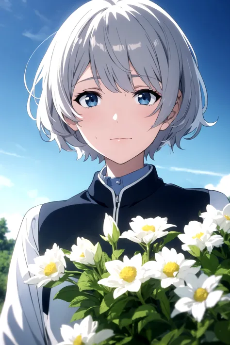 masterpiece, best quality,  <lyco:kyoani_loha-000001:0.7>, kyoto style, bobcut, medium hair, messy hair, short bobcut, 1girl, jacket, white shirt, starlight shine, day, sunrise, grey hair, outdoor, blue skies, white flowers, looking at viewer, blue eyes,