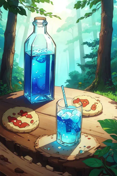 Alice in Wonderland theme, no humans, food,  a blue drink bottle, cookies, in the woods, a blue drink bottle, cookies, watercolor ink sketch,