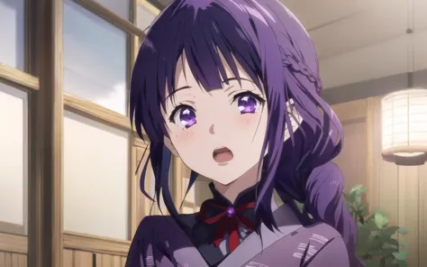 anime girl with purple hair and purple eyes in a room