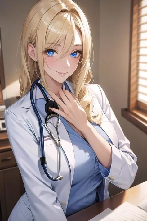 masterpiece, best quality, detailed, sidelighting,Beautiful white skin ,blond hair,blue eyes,disheveled hair,slim, voluptuous,adult, ,Smile for the camera,1woman,
,woman doctor,stethoscope,
indoor,hospital,examining room,
,Various poses,Expose your breasts on your own.,