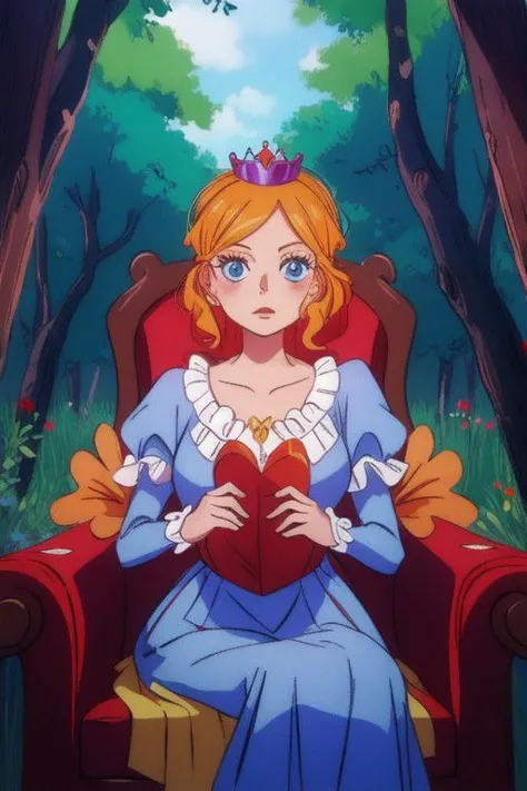 a woman in a blue dress sitting in a chair with a red heart