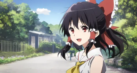 <lora:kyoto animation_artstyle_LoCon:1.1>, hakurei reimu,  ((anime screencap)), kyoto animation screencap, 1girl, hair ribbons, black hair, very long hair, red eyes, bird, flower, fluff, solo, blunt ends, hair blowing, at the middle, smile, open mouth, arms behind back