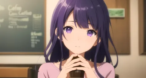 anime girl with purple hair and purple eyes holding a cup