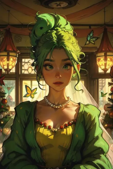 masterpiece, high quality, 1girl, female, solo, upper body, light green hair, green hair, braid hair, pearl necklace, flowers, dancer dress, veil, clown costume, close-up face, christmas tree, butterflies, indoor, nature, lighting,