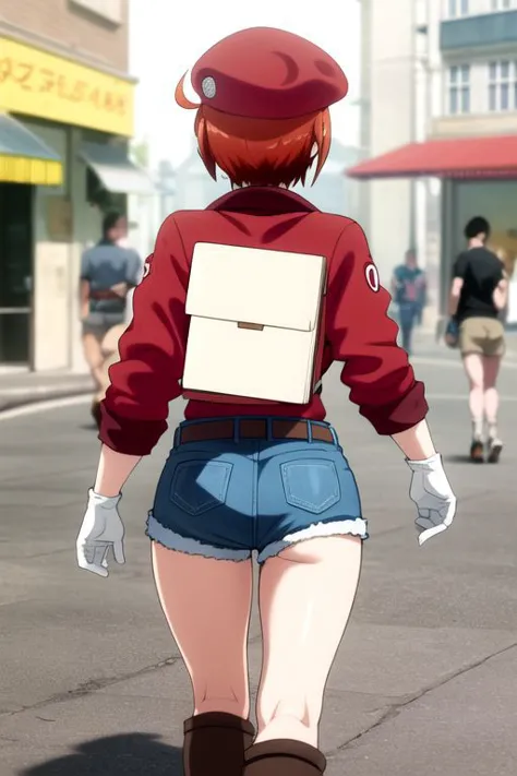 <lora:red blood cell ae3803 s1-lora-nochekaiser:1>, red blood cell ae3803, short hair, hair between eyes, ahoge, red hair, shirt, gloves, hat, jacket, belt, white gloves, black shirt, denim, shorts, mini shorts, red headwear, red jacket, jeans, cabbie hat,
BREAK (((back view, full body, footwear, boots, from top, walking, butt, big butt, butt focus))), 
BREAK (cowboy shot),
BREAK (masterpiece, best quality, ultra detailed), (perfect face, detailed face, detailed eyes,perfect hands,perfect fingers), 8k wallpaper, Beautiful Finger, Beautiful body, Beautiful character design, perfect face, perfect balance, official art, extremely detailed CG unity 8k wallpaper, ultra high res,4K,ultra-detailed, photography, 8K, HDR, highres, absurdres:1.2, Kodak portra 400, bokeh, lens flare, professional photograph, (vibrant_color:1.2),