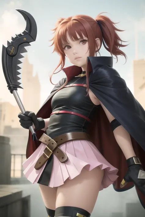 a woman in a short skirt and cape holding a large ax